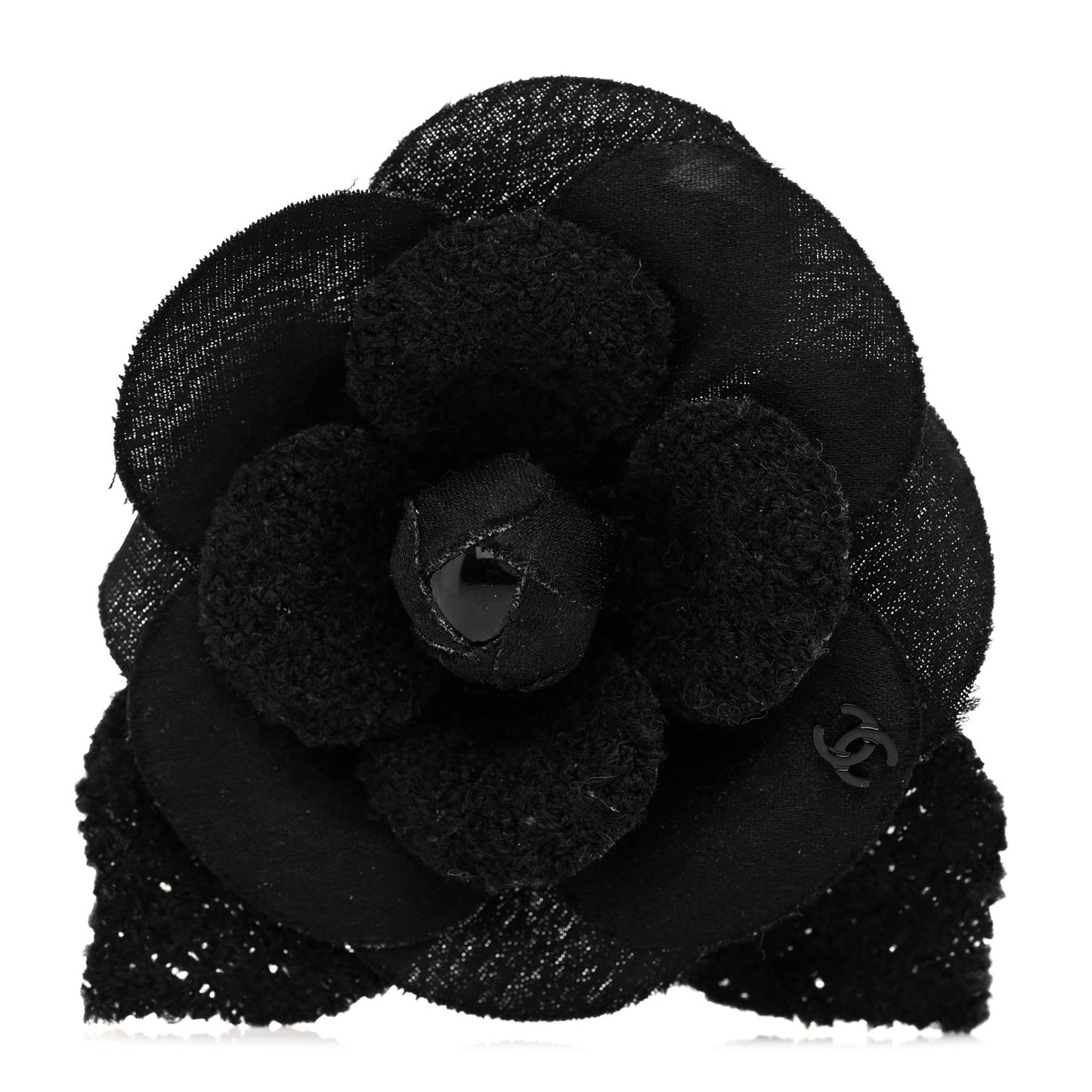 Tweed Fabric Camellia Pin Brooch Black