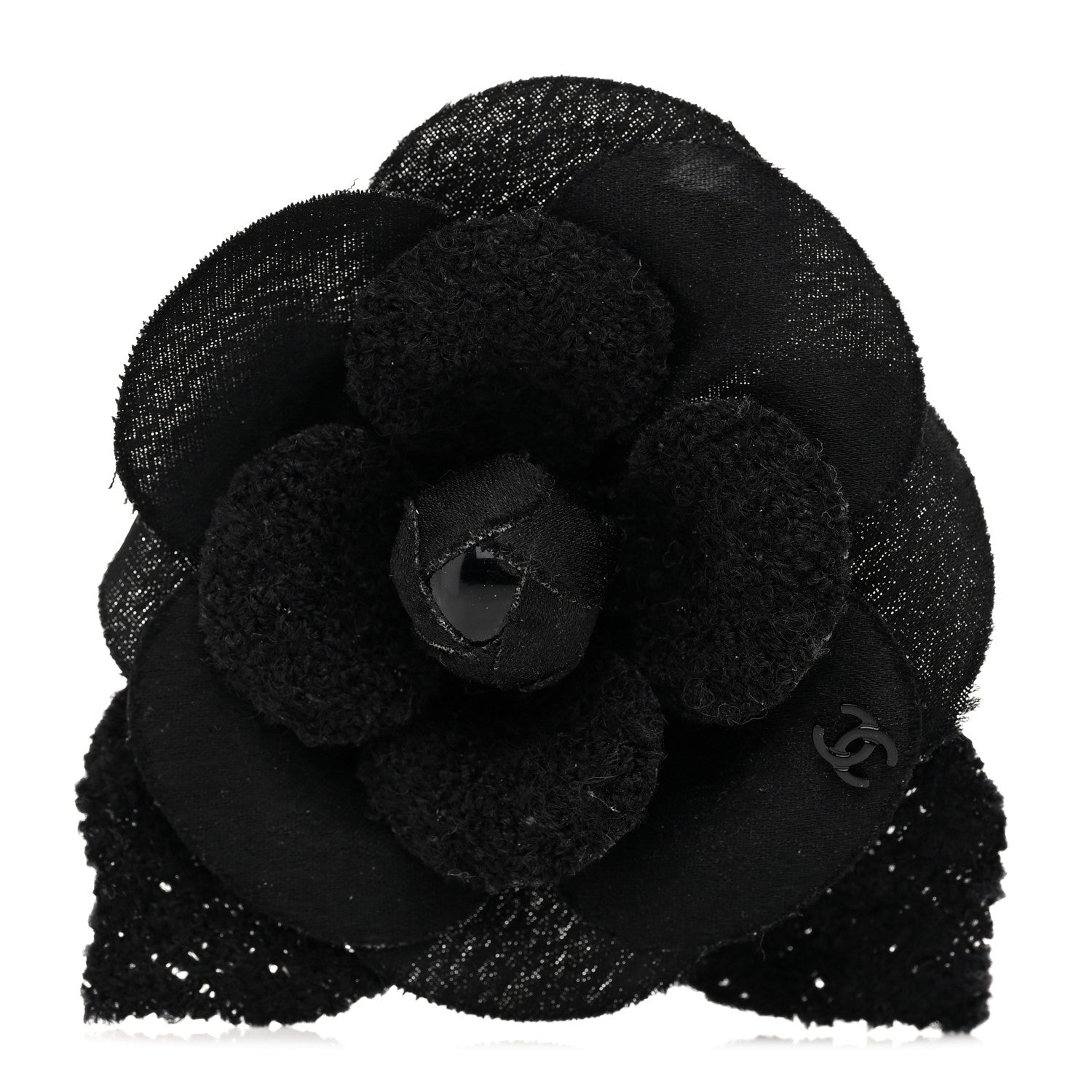 Chanel Tweed Fabric Camellia Pin Brooch Black 1 of 3