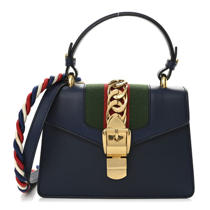 Gucci Vitello Fontanella Web Mini Sylvie Top Handle Bag Blue Agata 1 of 10