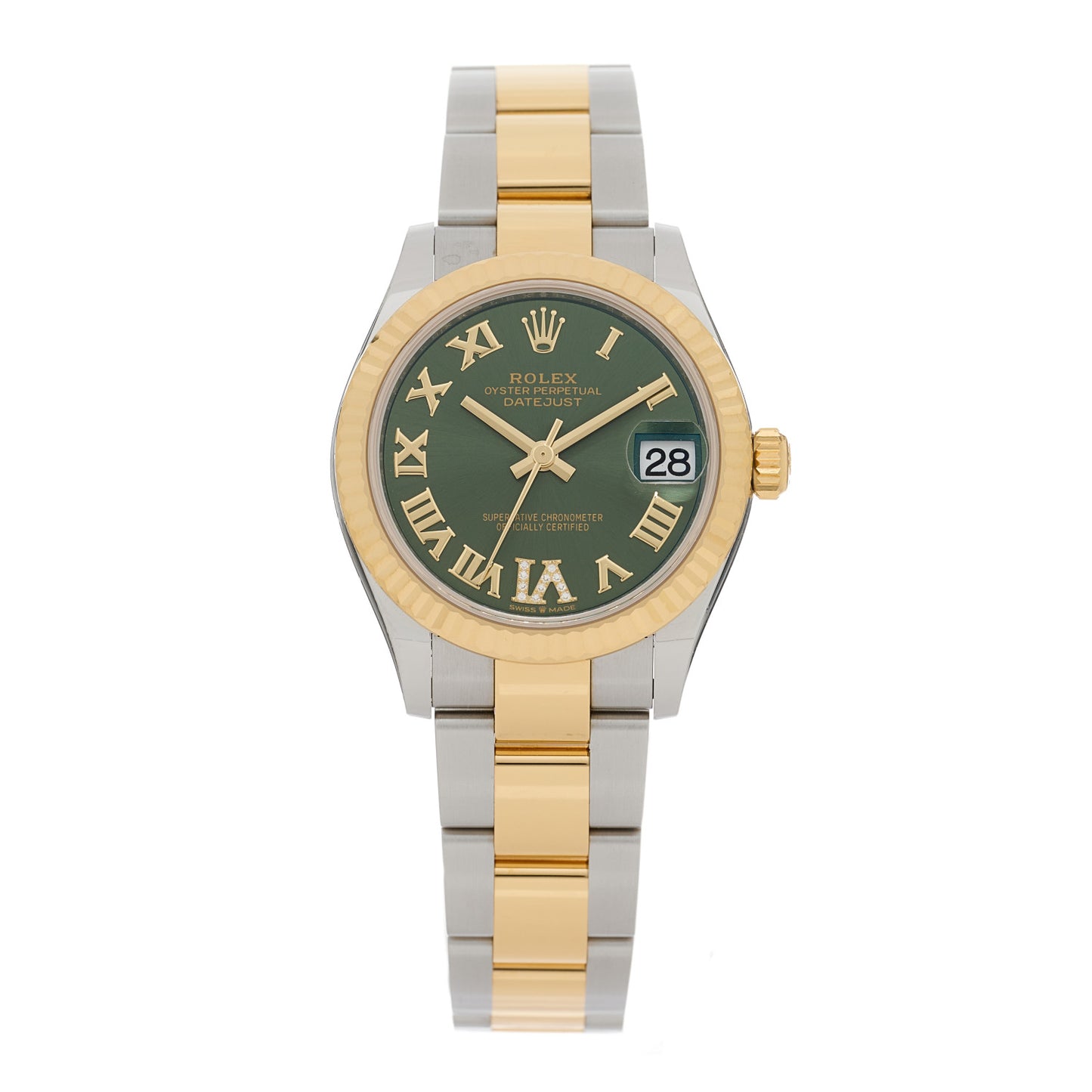 Stainless Steel 18K Yellow Gold Diamond 31mm Oyster Perpetual Datejust Watch Olive Green Roman 278273