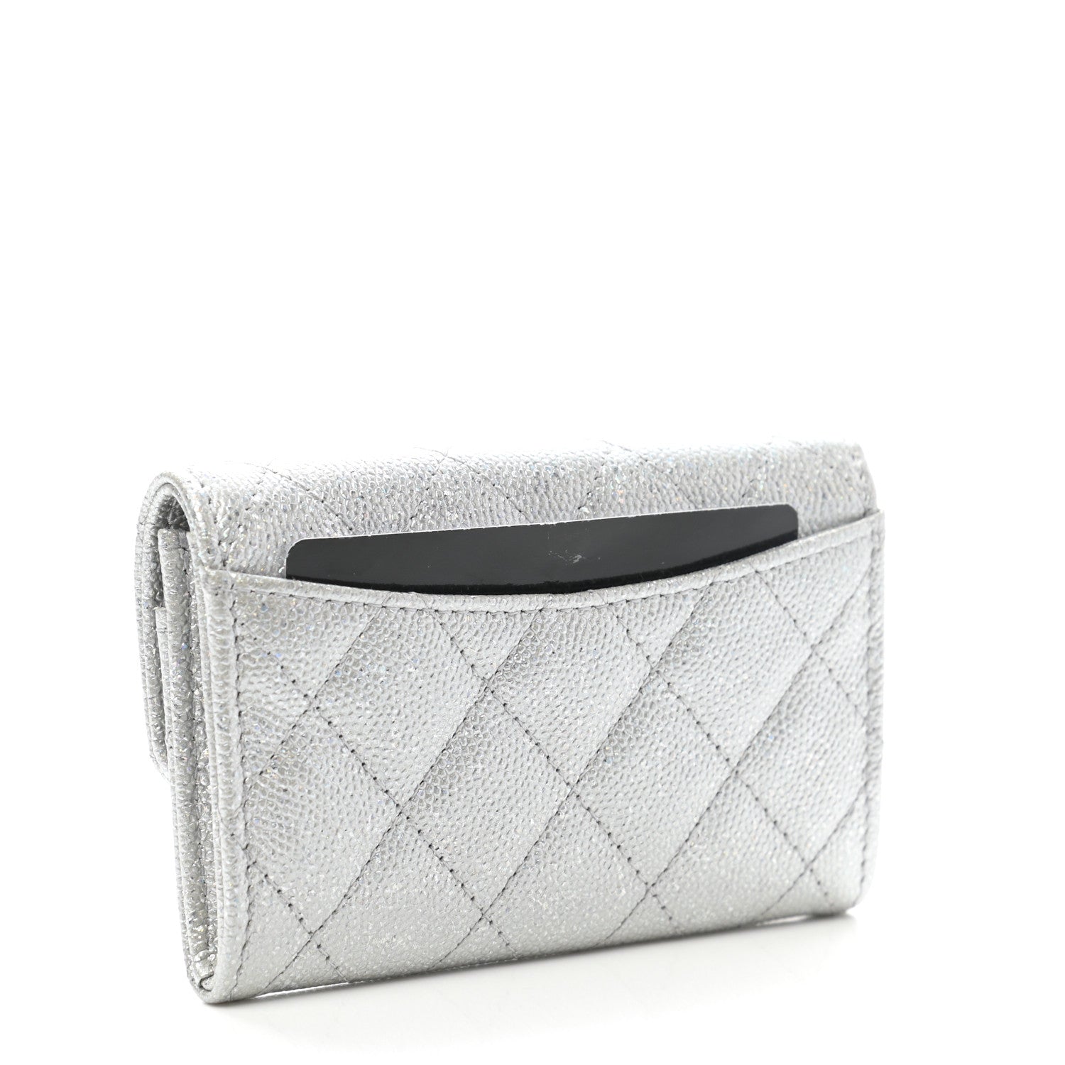Chanel Glittered Metallic Caviar Quilted Flap Card Holder Wallet Silver 3 of 9