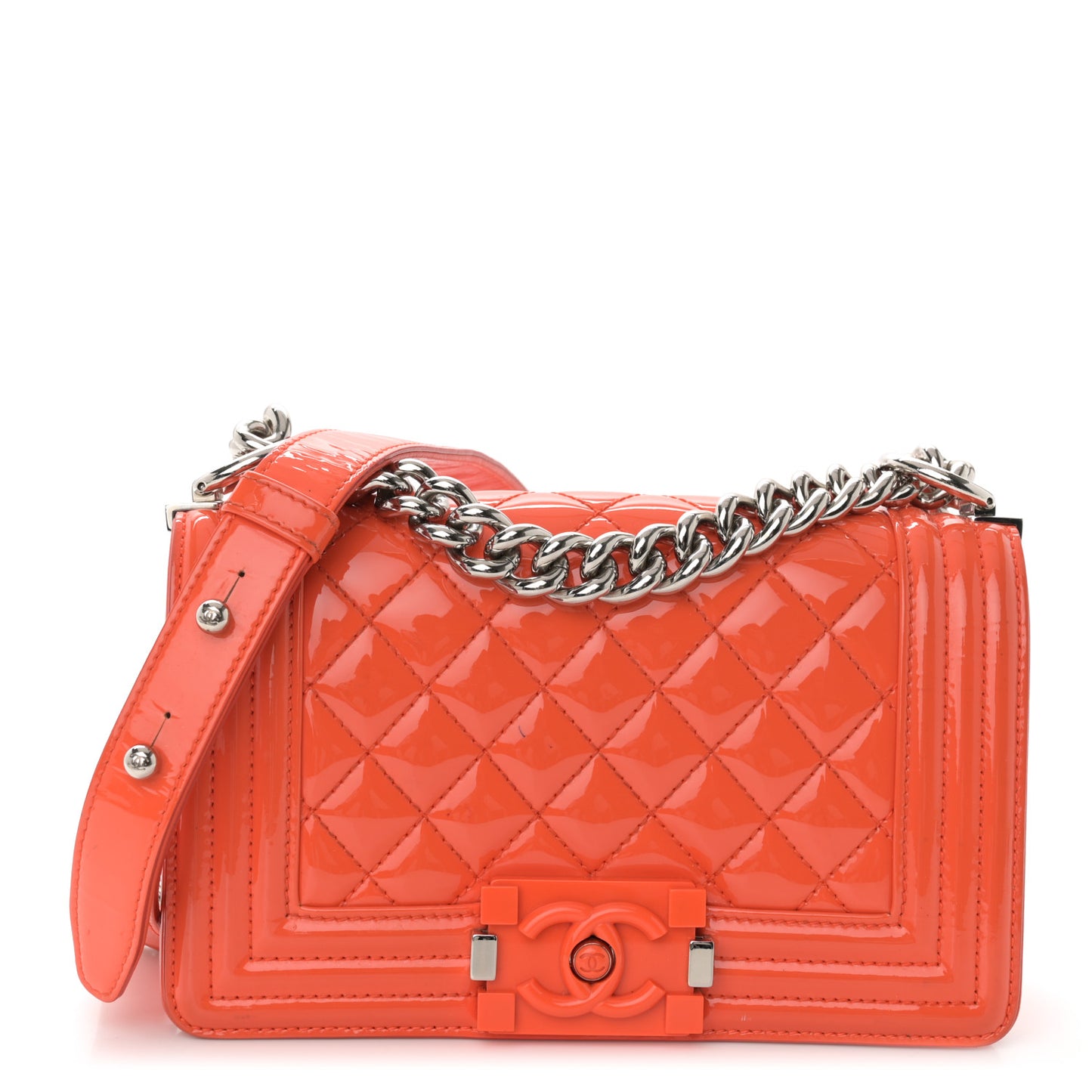 Patent Calfskin Quilted Small Plexiglass Boy Flap Orange
