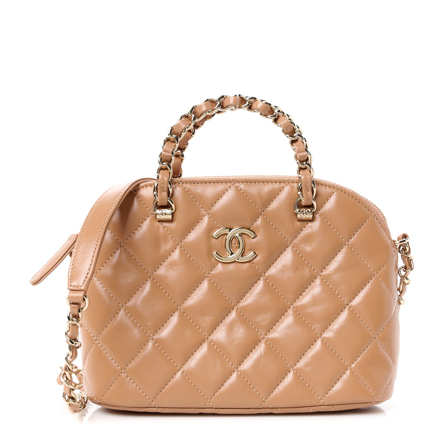 Shiny Lambskin Quilted Shiny Coco Clutch With Chain Dark Beige