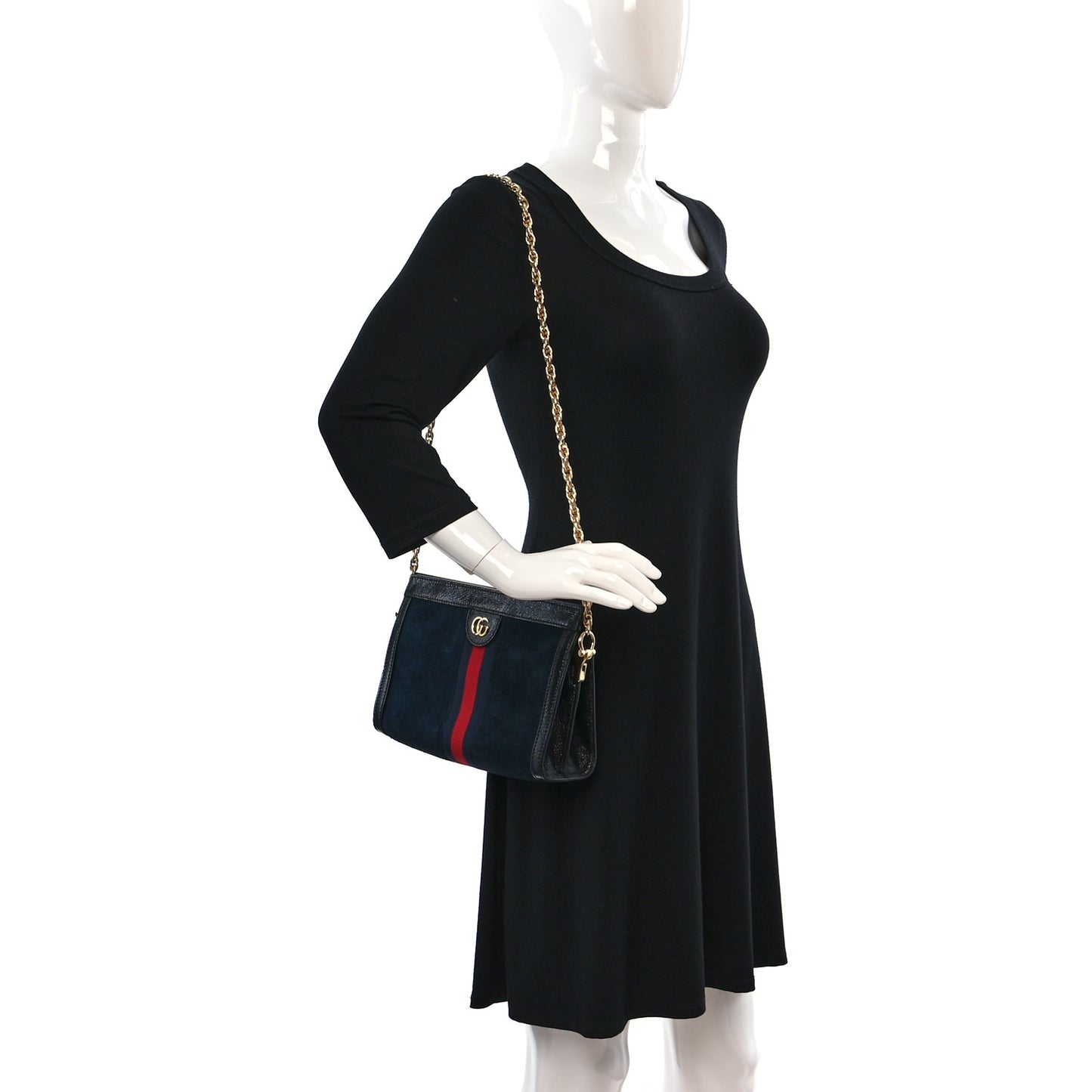 Suede Patent Web Small Ophidia Chain Shoulder Bag Blue Black