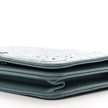 Chanel Lambskin Camellia Studded Wallet on Chain WOC Blue 10 of 12