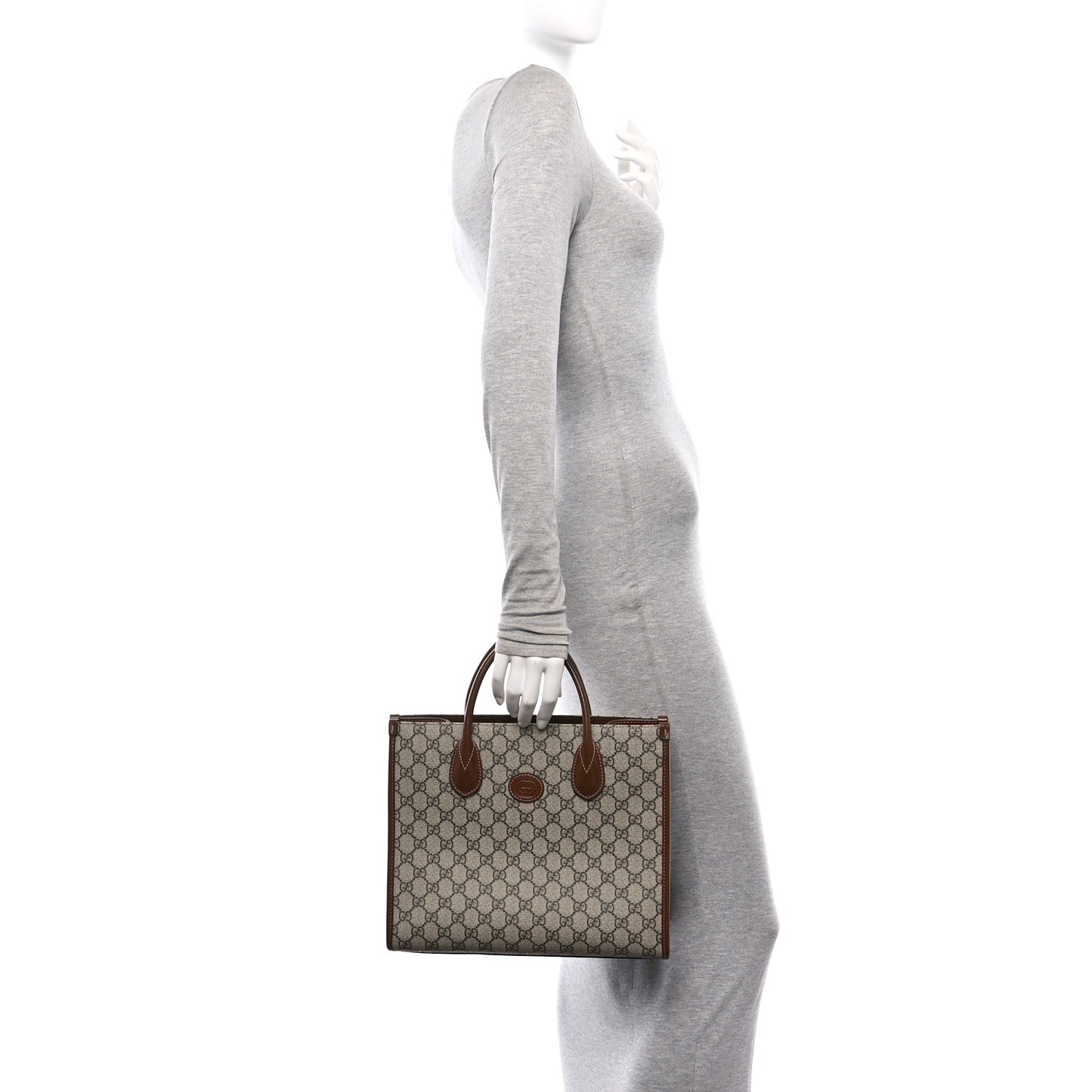 GG Supreme Monogram Azalea Calfskin Small Retro Interlocking G Tote Bag Beige Ebony Brown Sugar
