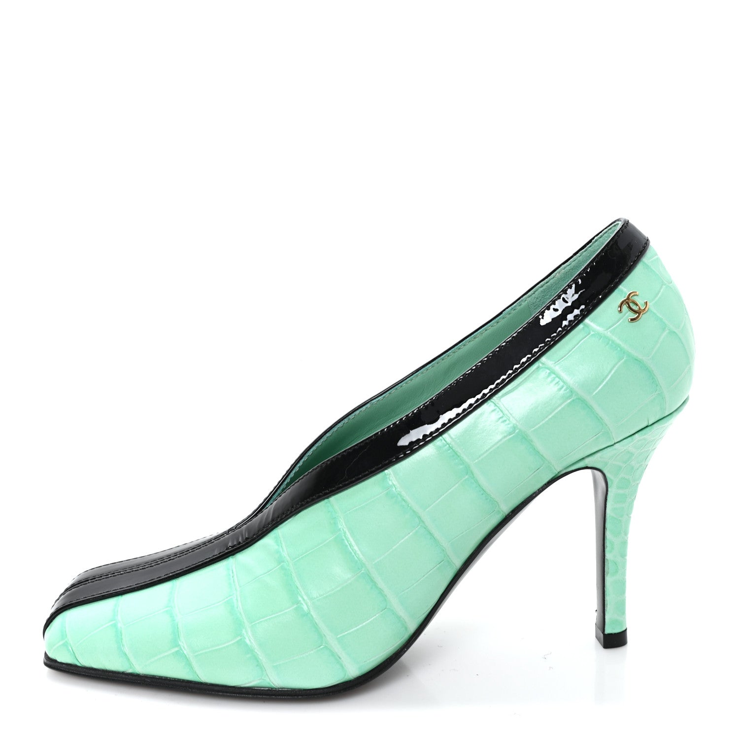 Chanel Crocodile Embossed Patent Calfskin Pumps 37 Green Black 1 of 9