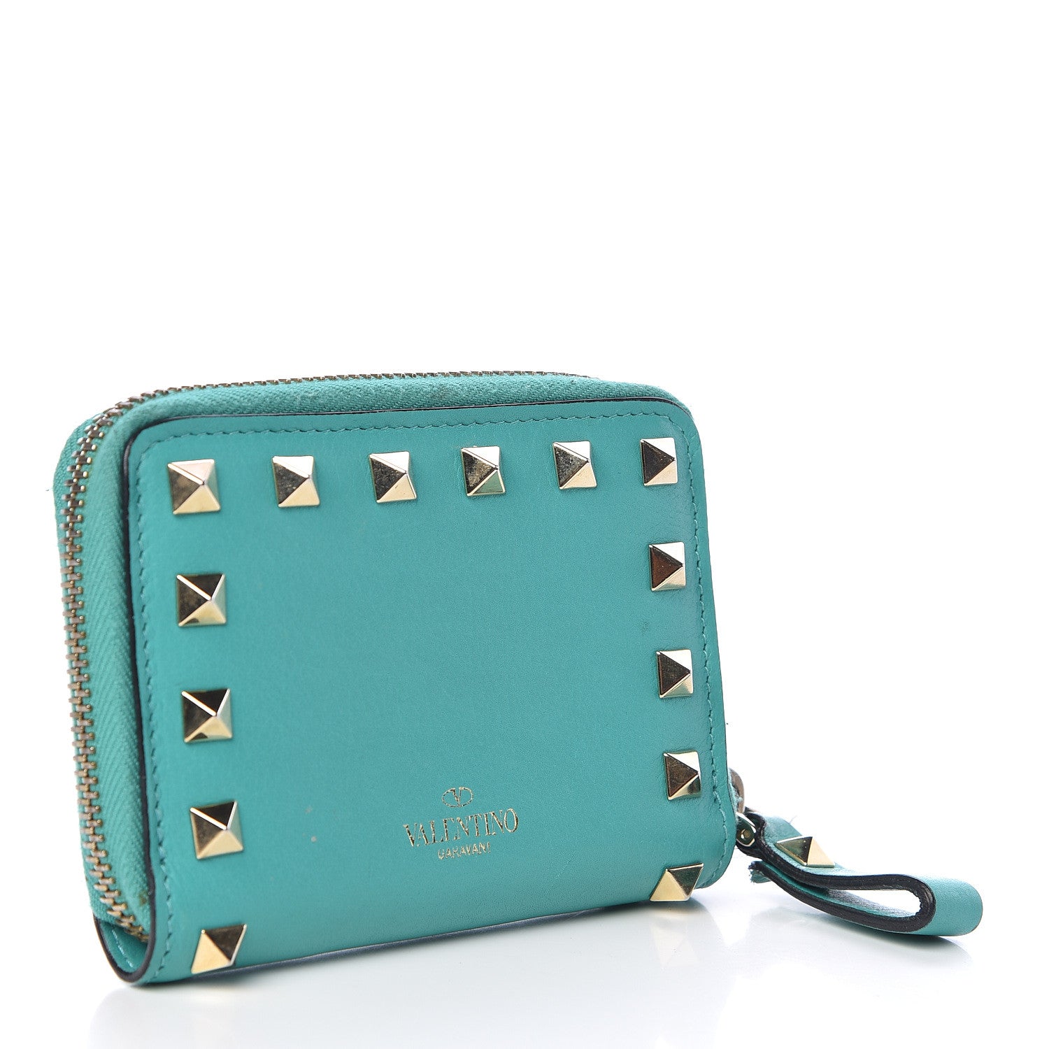 Valentino Garavani Calfskin Rockstud Zip Around Coin Case Card Holder Opaline Green 3 of 10