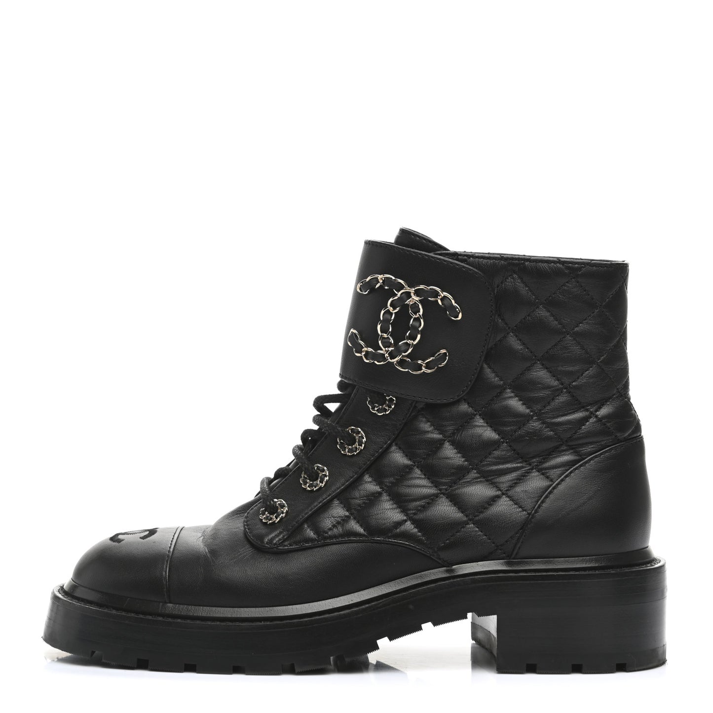Shiny Lambskin Quilted Lace Up Combat Boots 38 Black