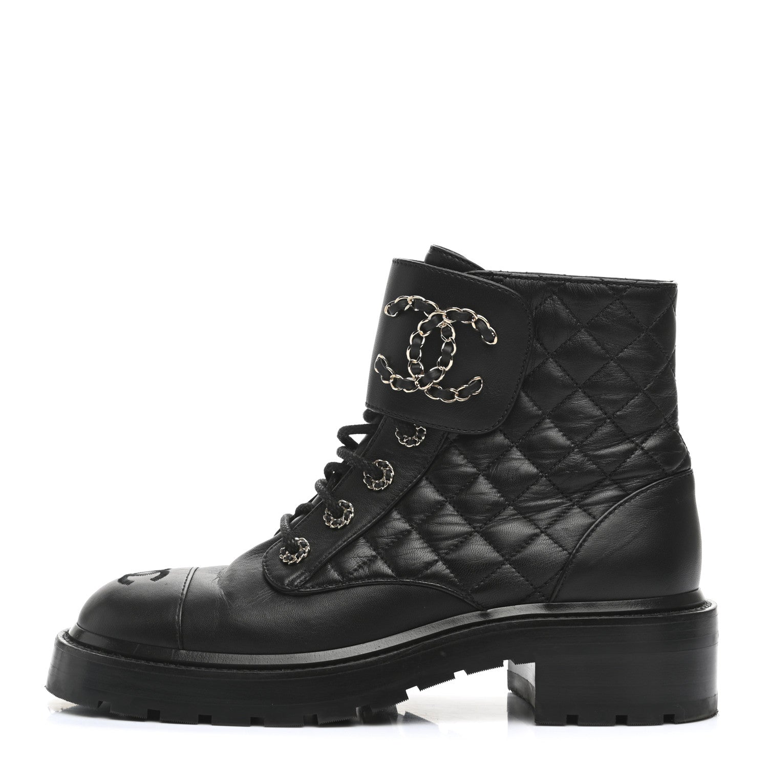 Chanel Shiny Lambskin Quilted Lace Up Combat Boots 38 Black 1 of 13