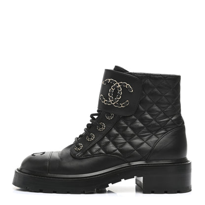 Chanel Shiny Lambskin Quilted Lace Up Combat Boots 38 Black 1 of 13