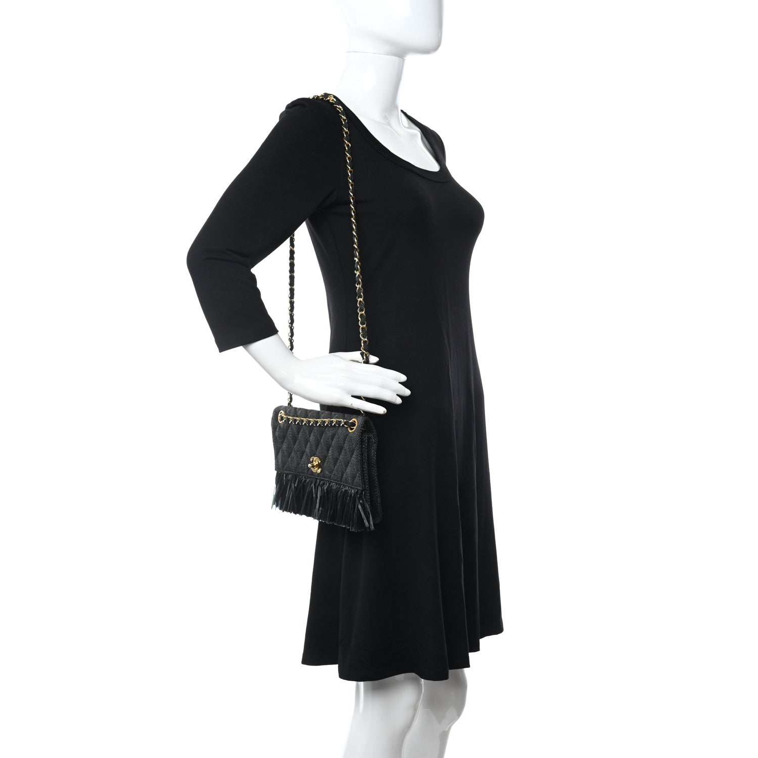 Chanel Woven Raffia Quilted CC Fringe Flap Black 2 of 12