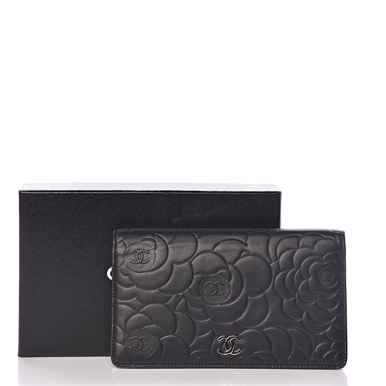 Chanel Lambskin Camellia Embossed Yen Wallet Black 9 of 9