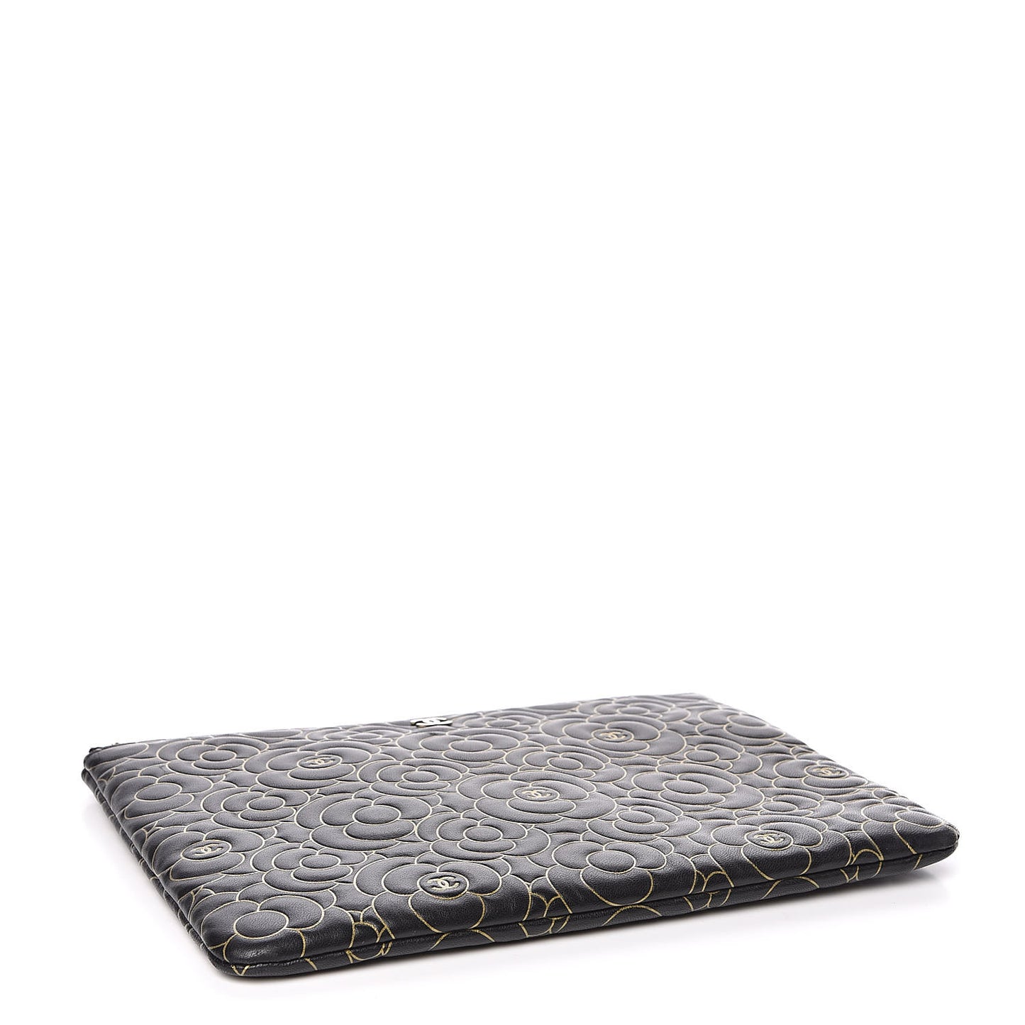 Lambskin Camellia Embossed Medium Cosmetic Case Black Gold