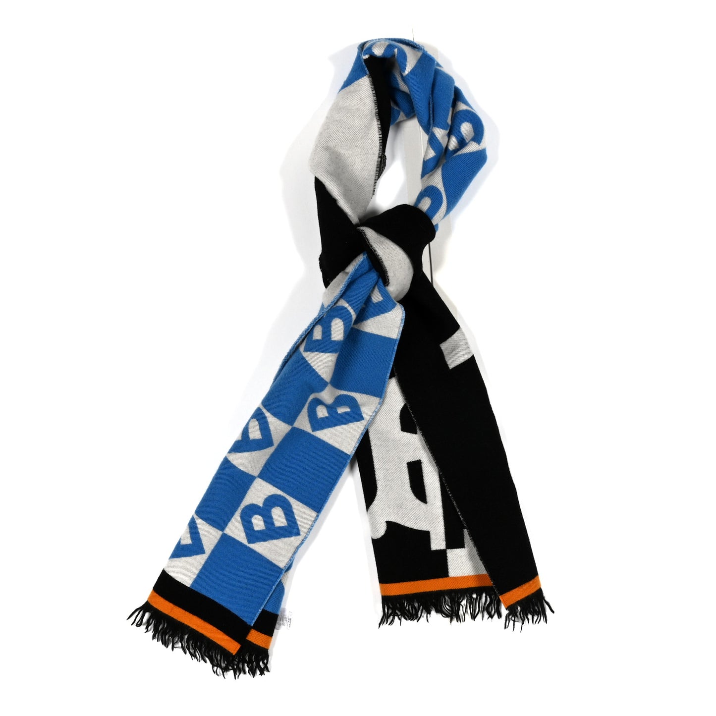 Wool Silk Monogram TB Reversible Fringe Scarf Azure Blue
