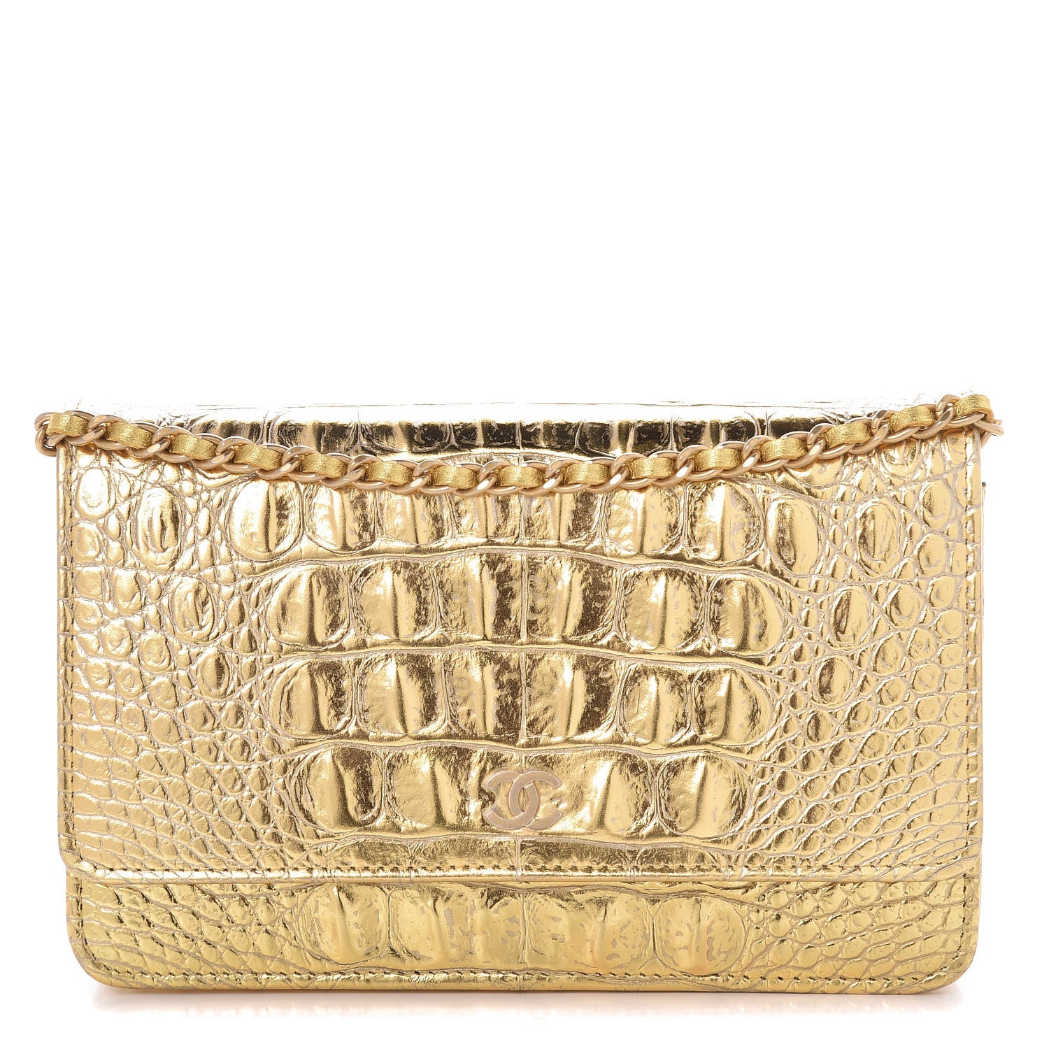Chanel Metallic Calfskin Crocodile Embossed Cocodile Wallet On Chain WOC Gold 1 of 9
