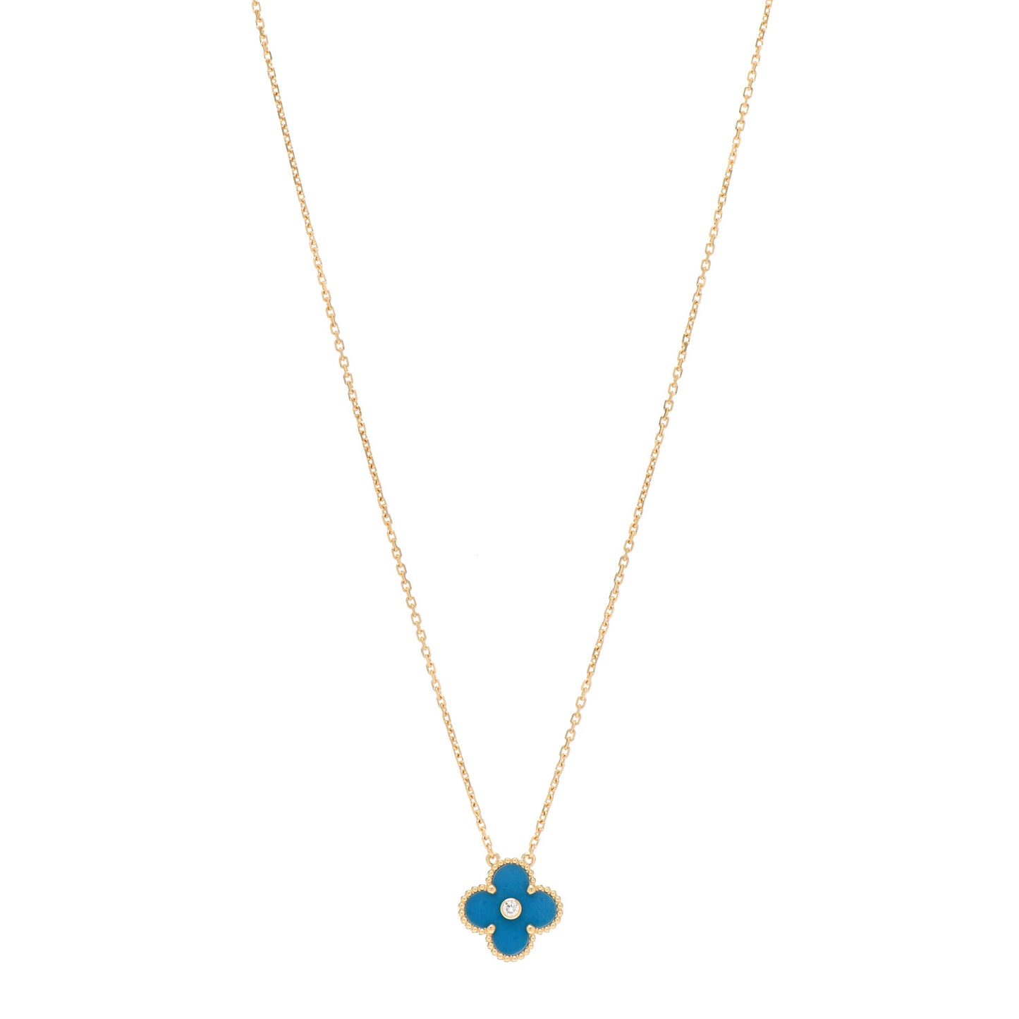 18K Yellow Gold Diamond Celestial Blue Sevres Porcelain Vintage Alhambra Pendant Necklace