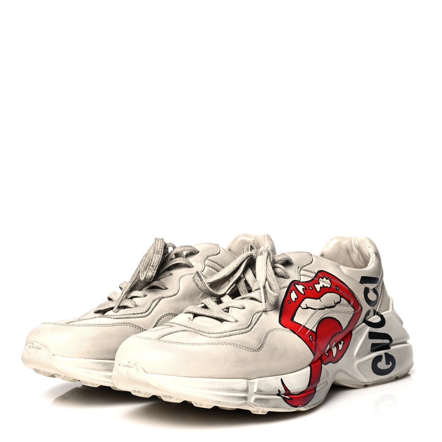 Calfskin Mouth Print Mens Rhyton Sneakers 11 Ivory