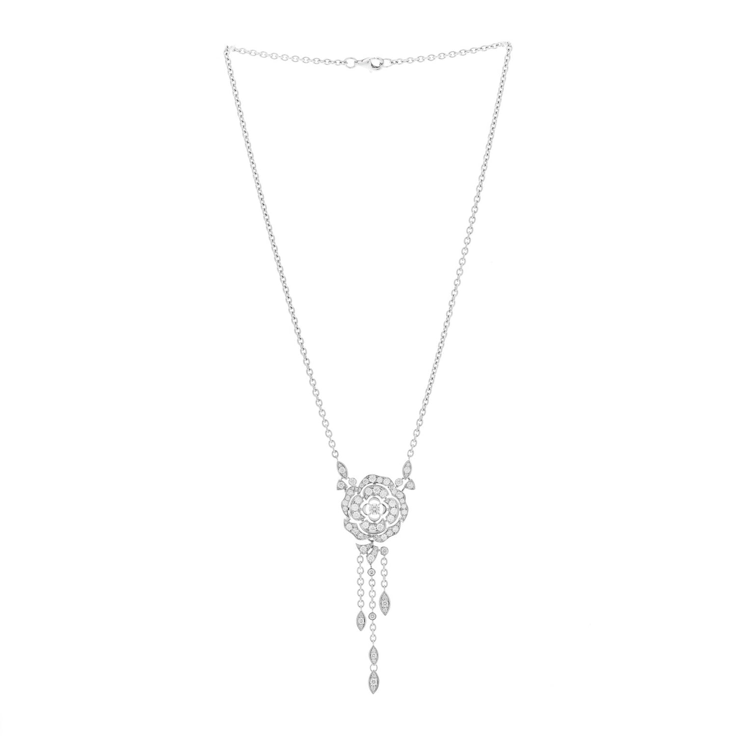 18K White Gold Diamond Bouton de Camelia Transformable Pendant Necklace