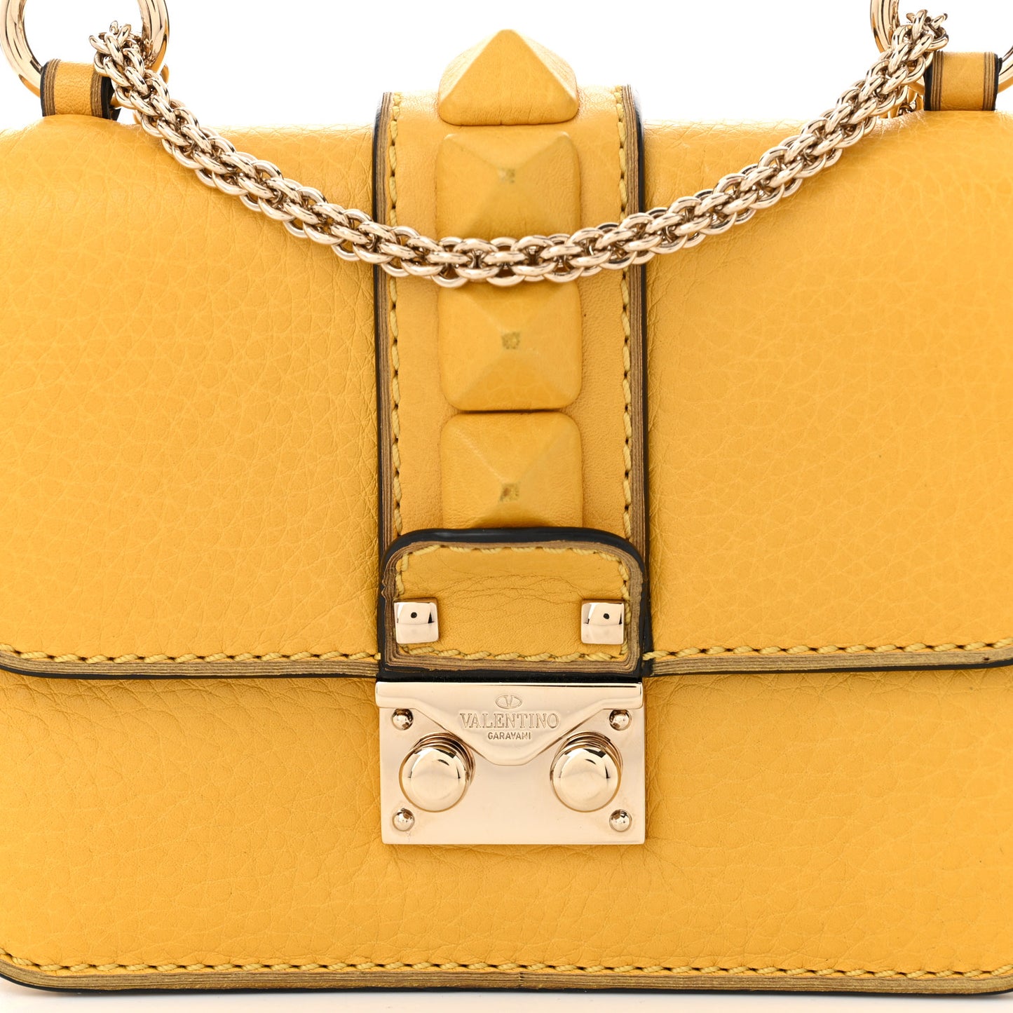 Pebbled Calfskin Mini Glam Lock Rockstud Flap Yellow