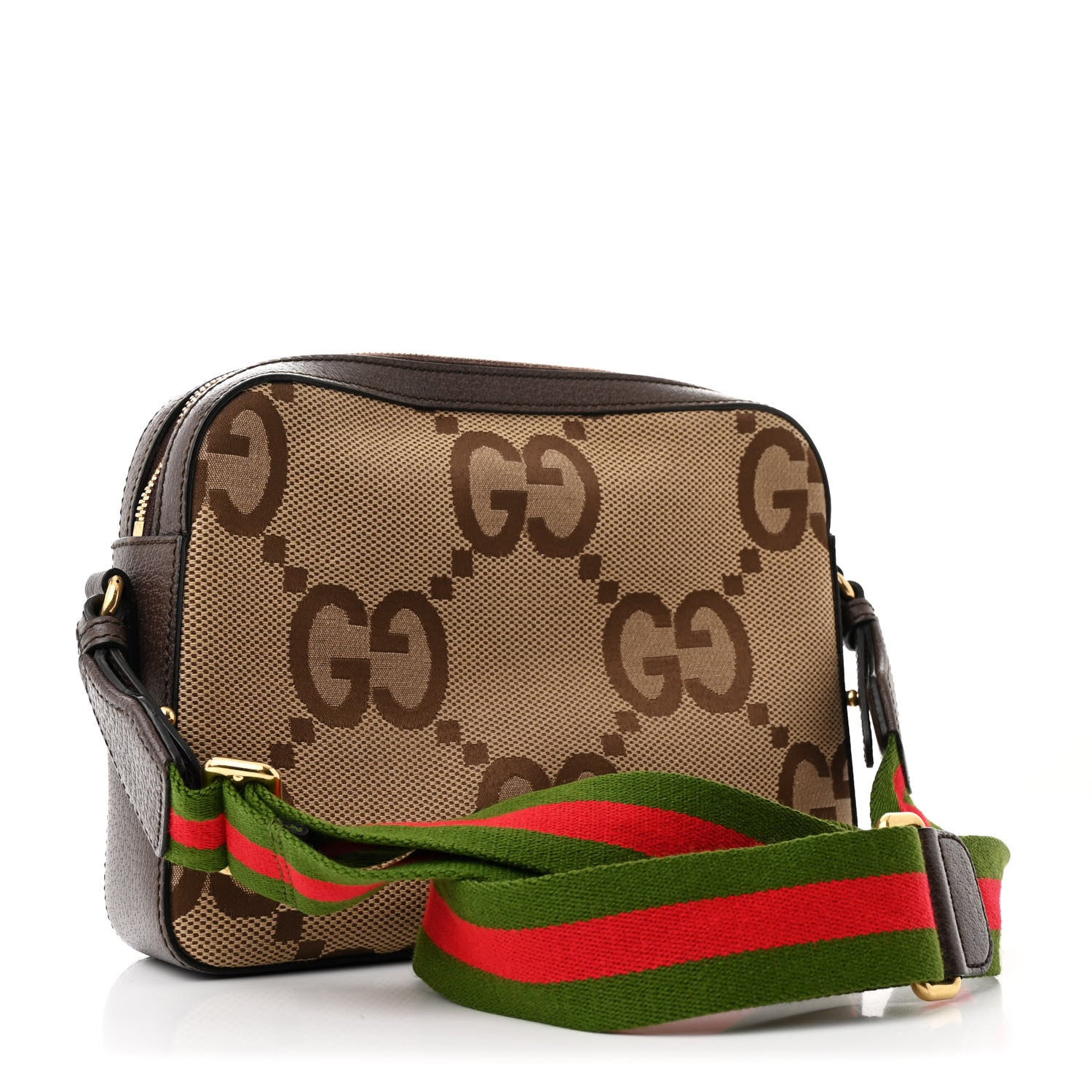 Gucci Monogram Jumbo GG Textured Dollar Calfskin Web Messenger Shoulder Bag Camel Ebony New Acero 3 of 11