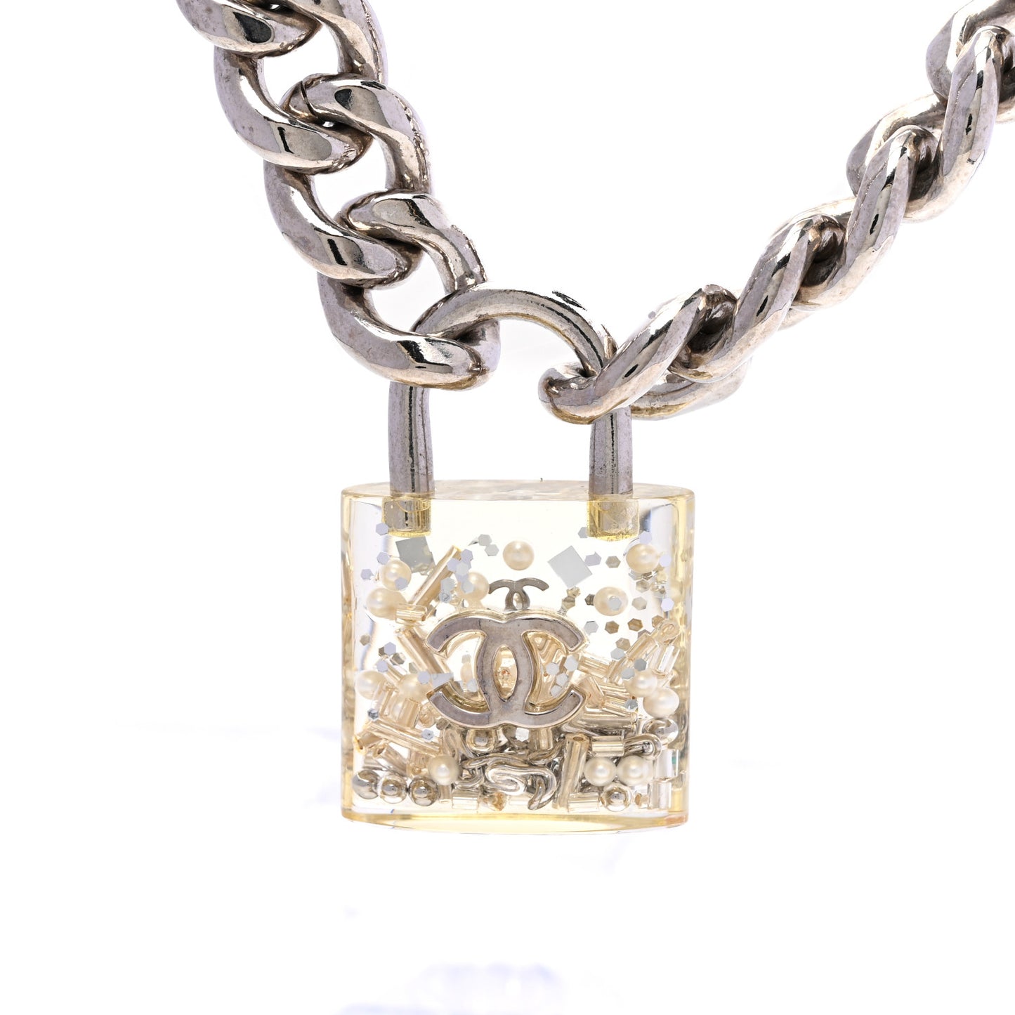 Resin CC Oversized Padlock Chain Necklace Silver Pearly White
