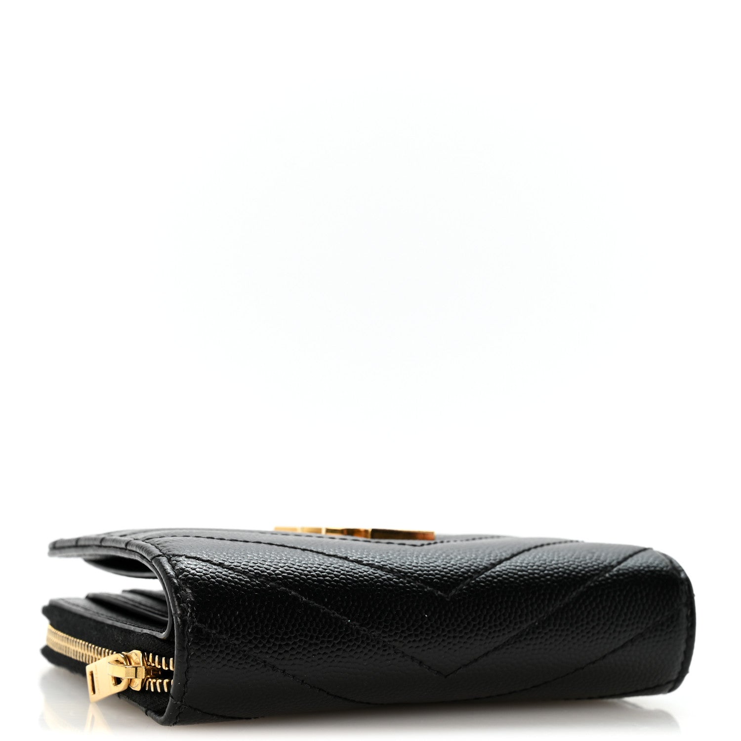 Saint Laurent Grain De Poudre Matelasse Chevron Monogram Compact Zip Around Wallet Black 4 of 10