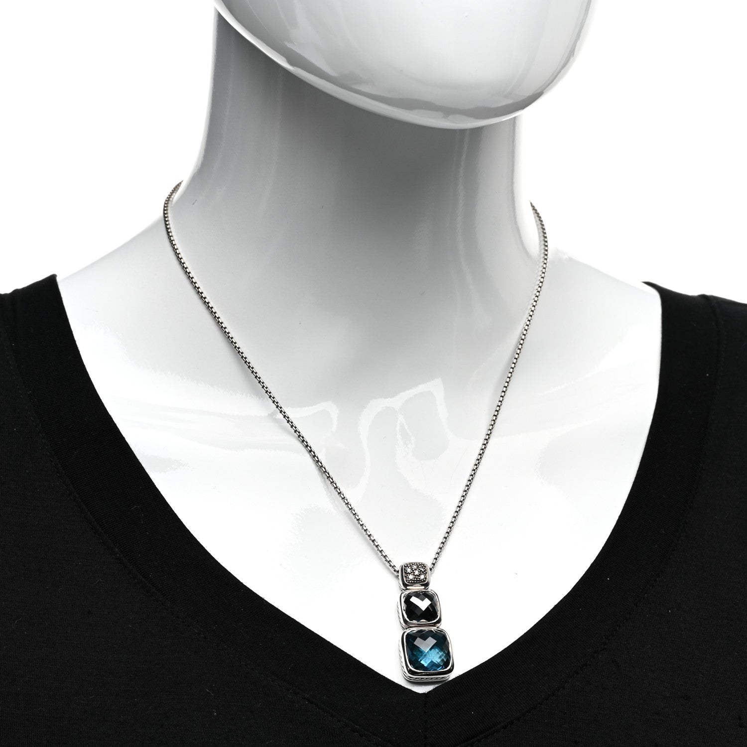 David Yurman Sterling Silver Diamond Blue Topaz Hematite Chiclet Drop Necklace 2 of 4