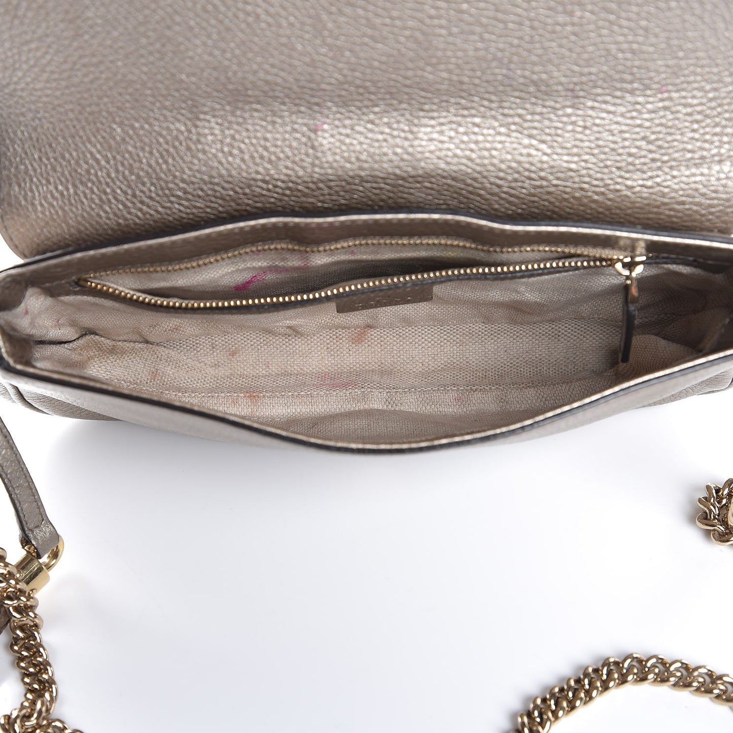 Metallic Pebbled Calfskin Medium Soho Flap Crossbody Golden Beige