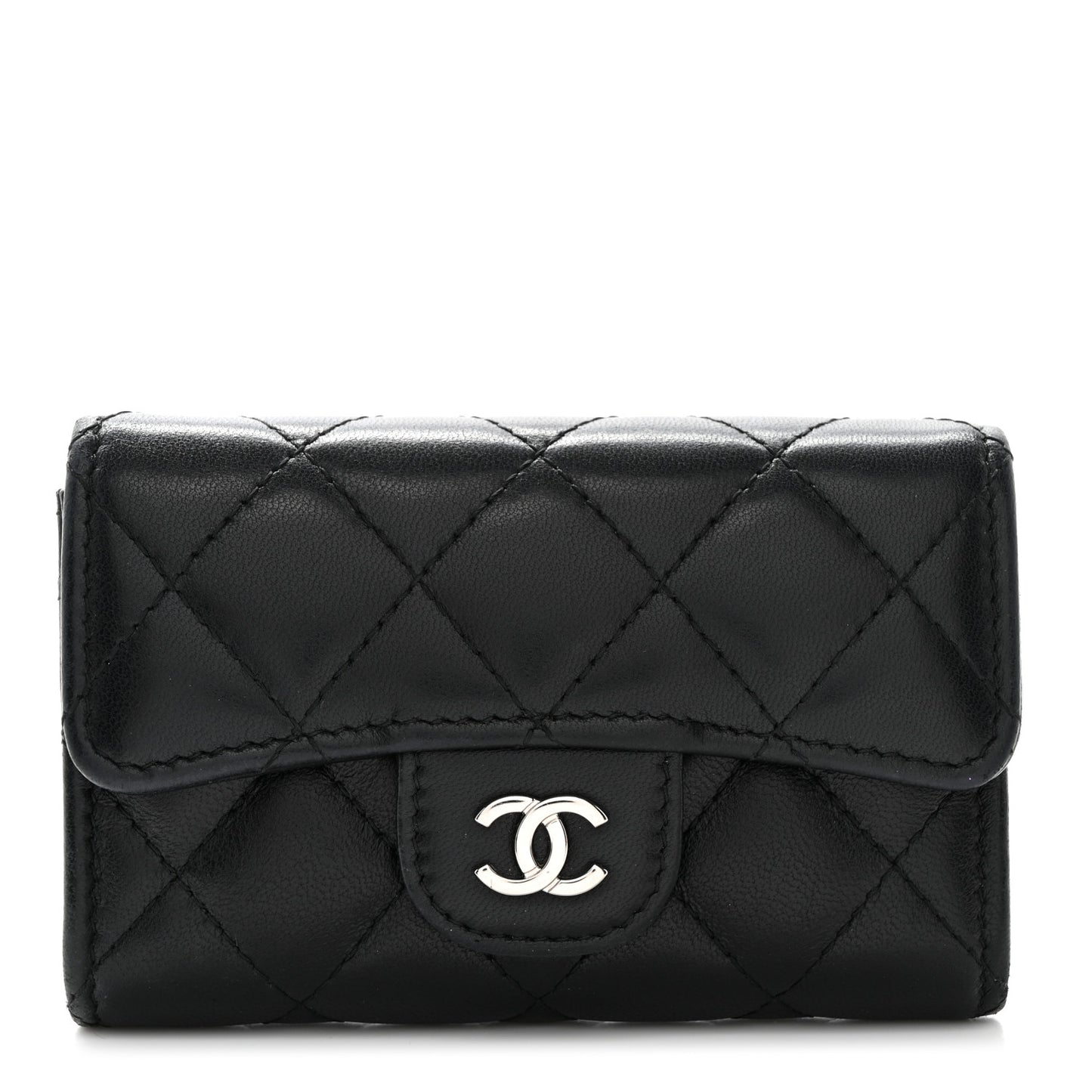 Lambskin Quilted Flap Card Holder Wallet Black