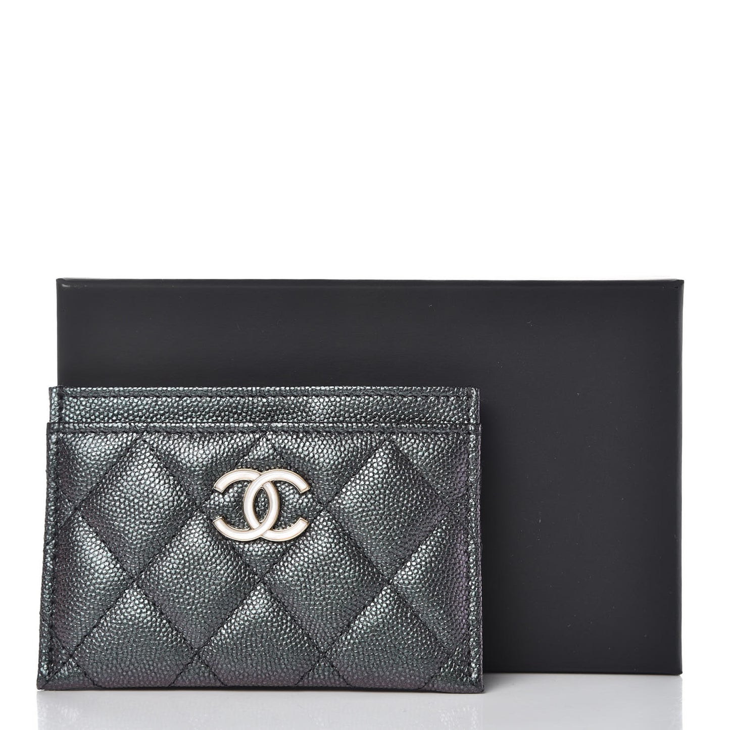 Iridescent Caviar Quilted Card Holder Black
