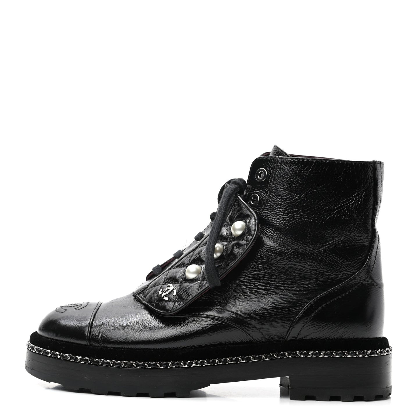 Crackled Calfskin Velvet Pearl Combat Short Boots 35.5 Black