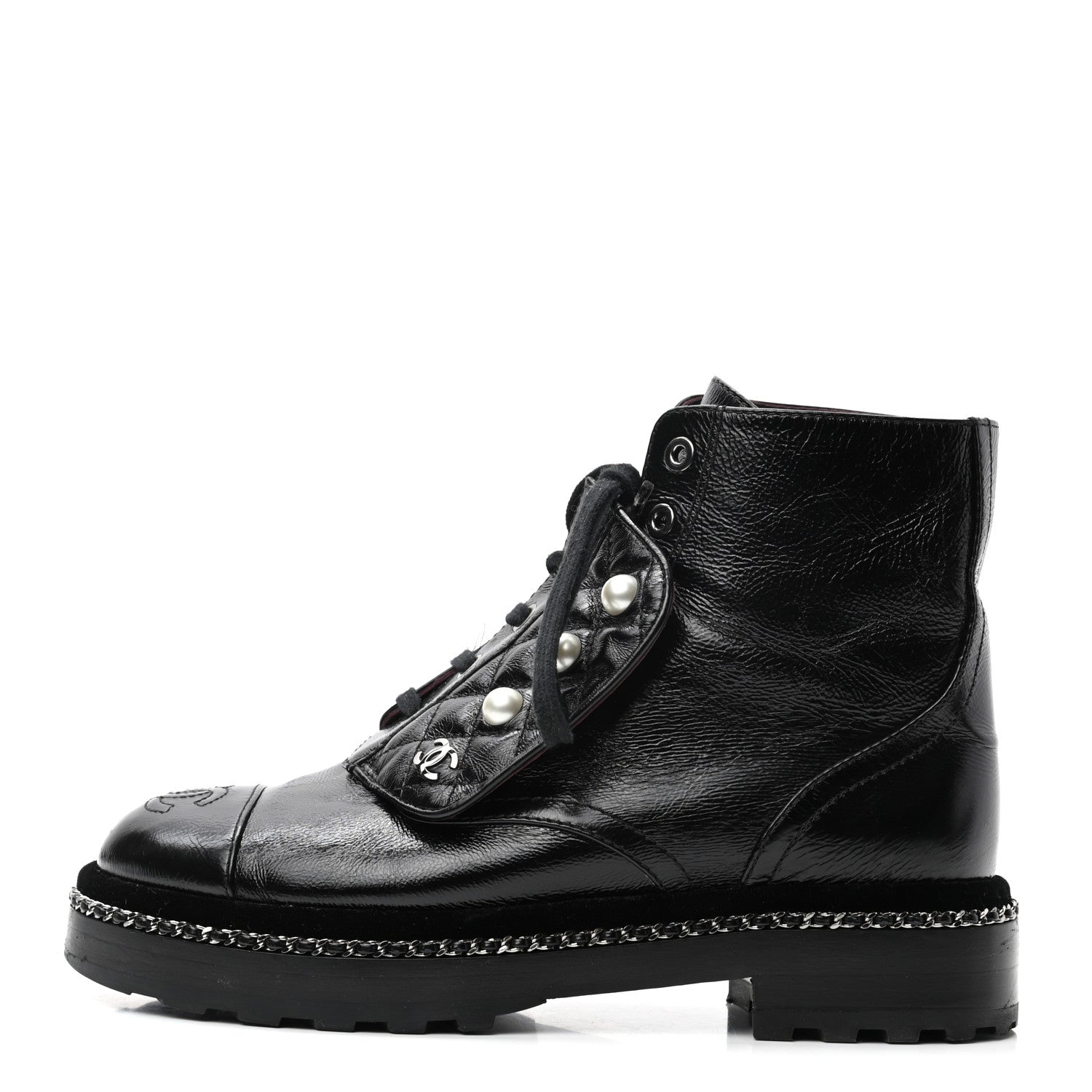 Chanel Crackled Calfskin Velvet Pearl Combat Short Boots 35.5 Black 1 of 9