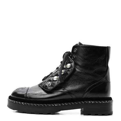 Chanel Crackled Calfskin Velvet Pearl Combat Short Boots 35.5 Black 1 of 9