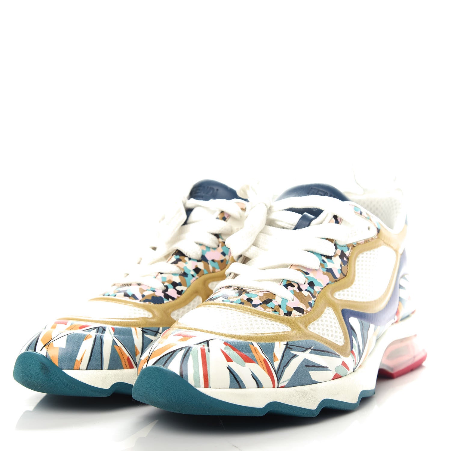 Fendi Mesh Vitello Granite Bird of Paradise FFast Patchwork Sneakers 37.5 White Multi Pavone Lollypop 3 of 11