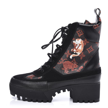 Louis Vuitton Suede Calfskiin Catogram Laureate Platform Desert Boots 37.5 Black Marron 1 of 8
