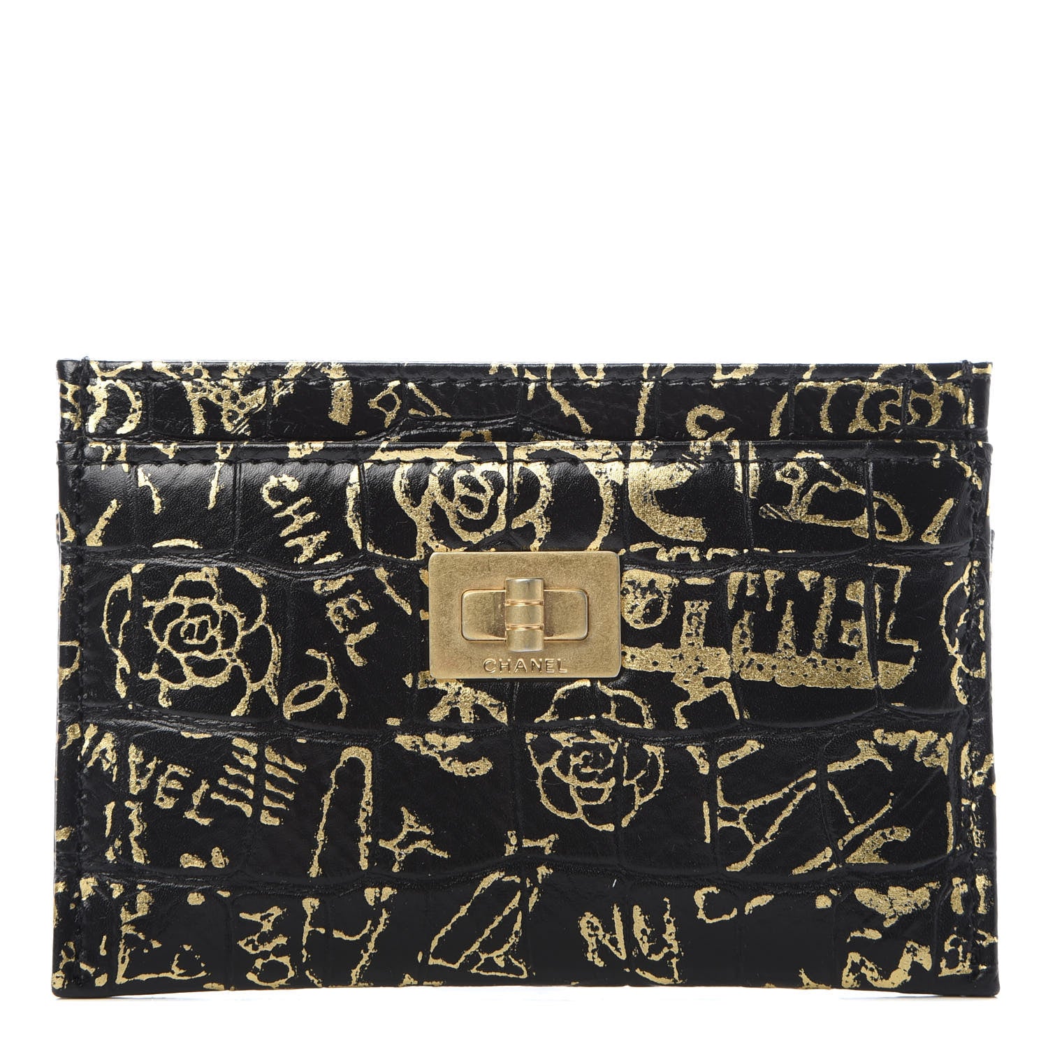 Chanel Calfskin Crocodile Embossed Graffiti 2.55 Cocodile Reissue Card Holder Black Gold 1 of 9