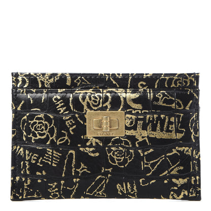 Chanel Calfskin Crocodile Embossed Graffiti 2.55 Cocodile Reissue Card Holder Black Gold 1 of 9