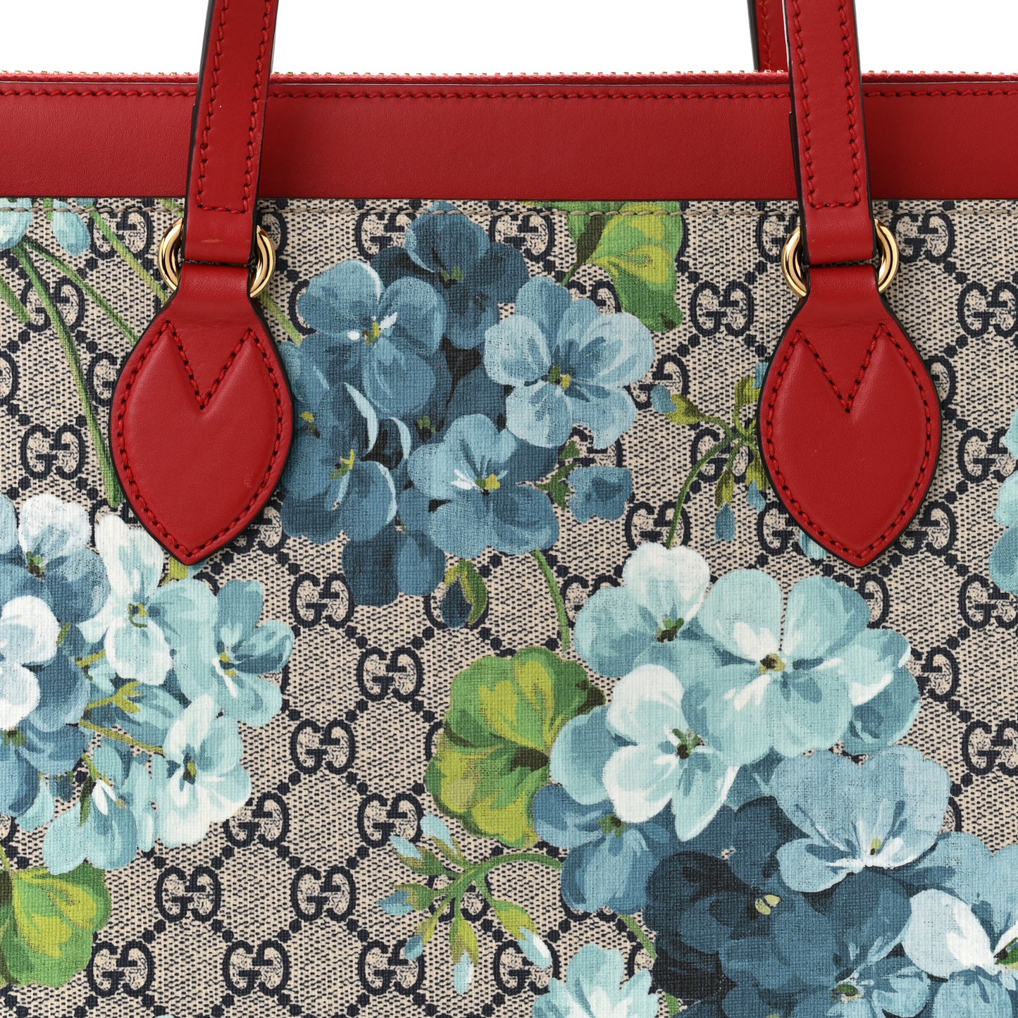 GG Supreme Monogram Blooms Medium Zippered Bucket Tote Beige Blue Navy Hibiscus Red