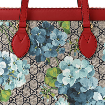 Gucci GG Supreme Monogram Blooms Medium Zippered Bucket Tote Beige Blue Navy Hibiscus Red 8 of 13
