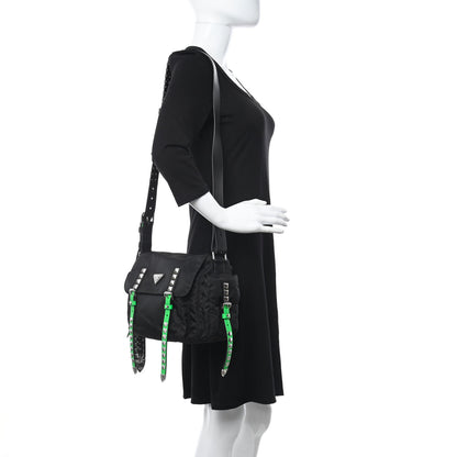 Prada Nylon New Vela Studded Messenger Black Verde 2 of 9