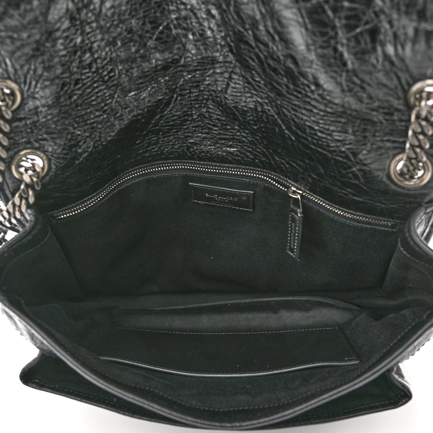 Crinkled Calfskin Matelasse Monogram Large Niki Chain Satchel Black