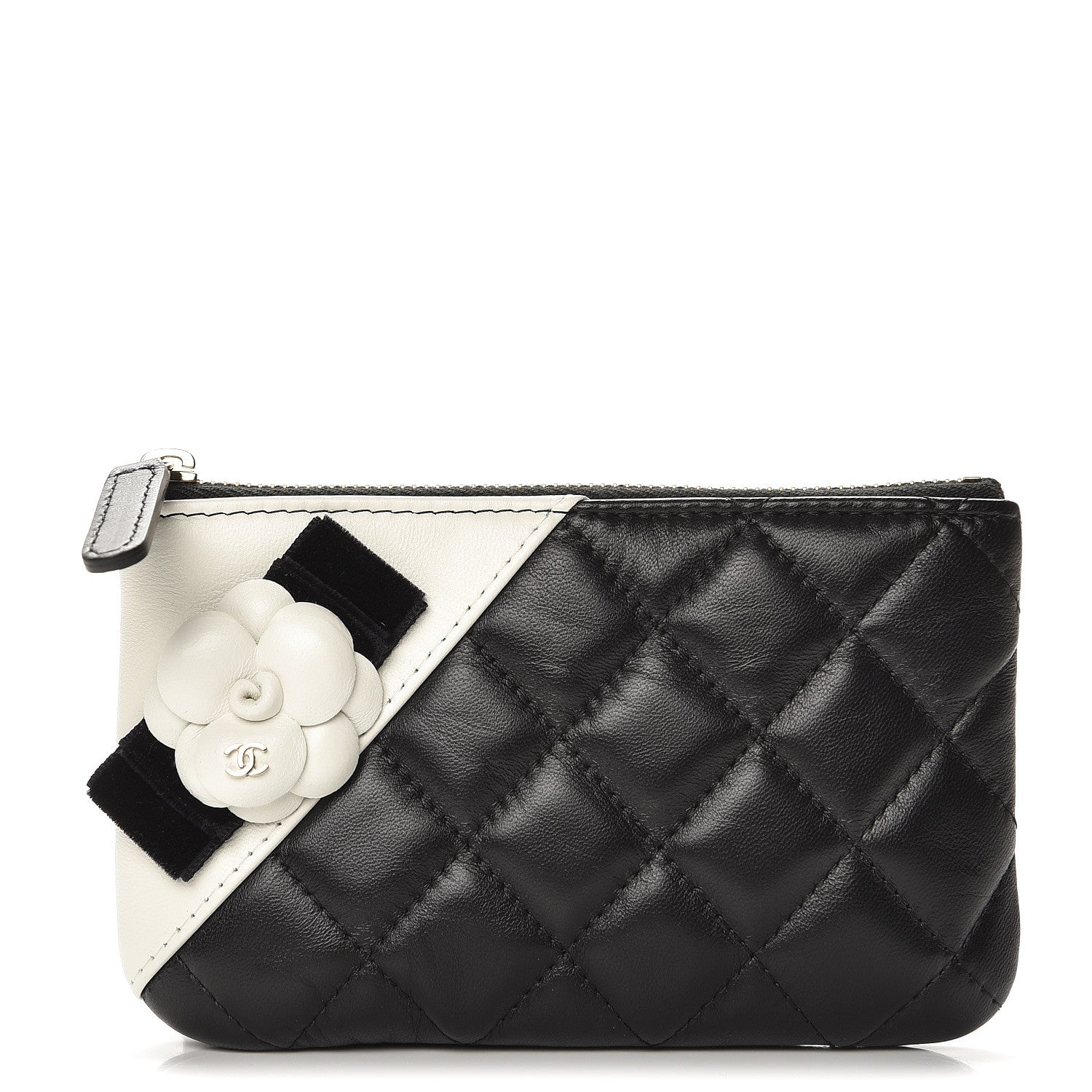 Chanel Lambskin Quilted Small Camellia Cosmetic Pouch Black White 1 of 8