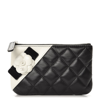 Chanel Lambskin Quilted Small Camellia Cosmetic Pouch Black White 1 of 8