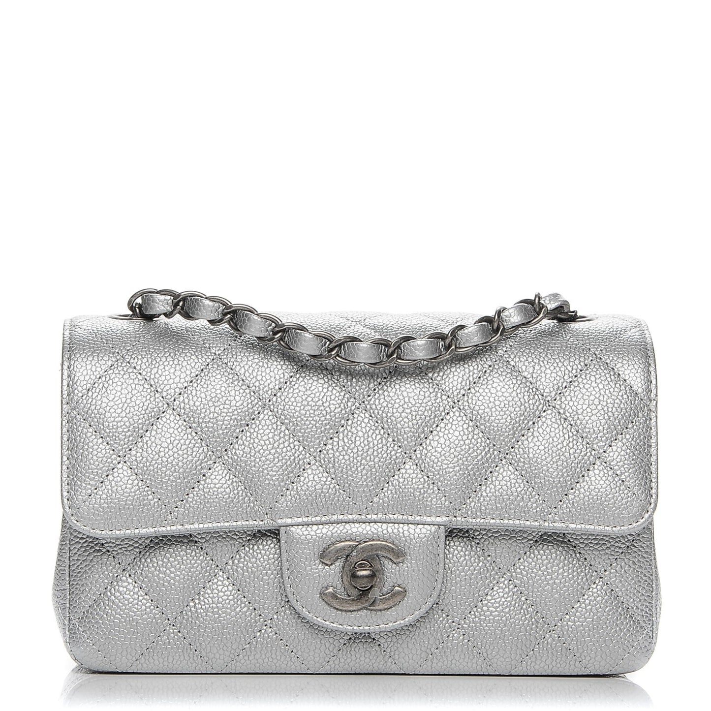 Metallic Caviar Quilted Mini Rectangular Flap Silver