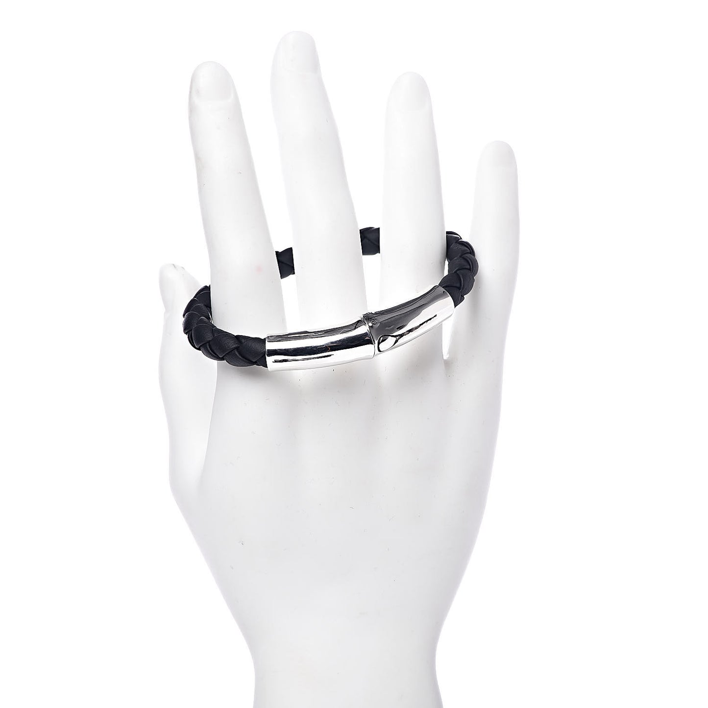 Sterling Silver Leather 8mm Braided Bamboo Station Bracelet Black