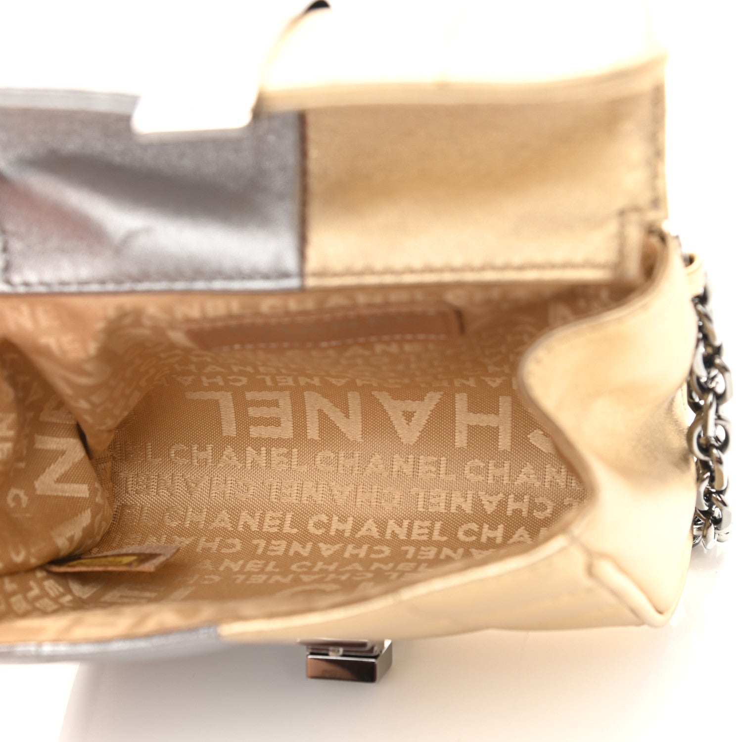 Chanel Metallic Lambskin Square Quilted Wristlet Clutch Gold Silver 6 of 12