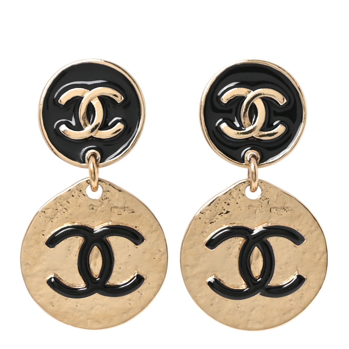Enamel CC Disc Drop Earrings Gold Black