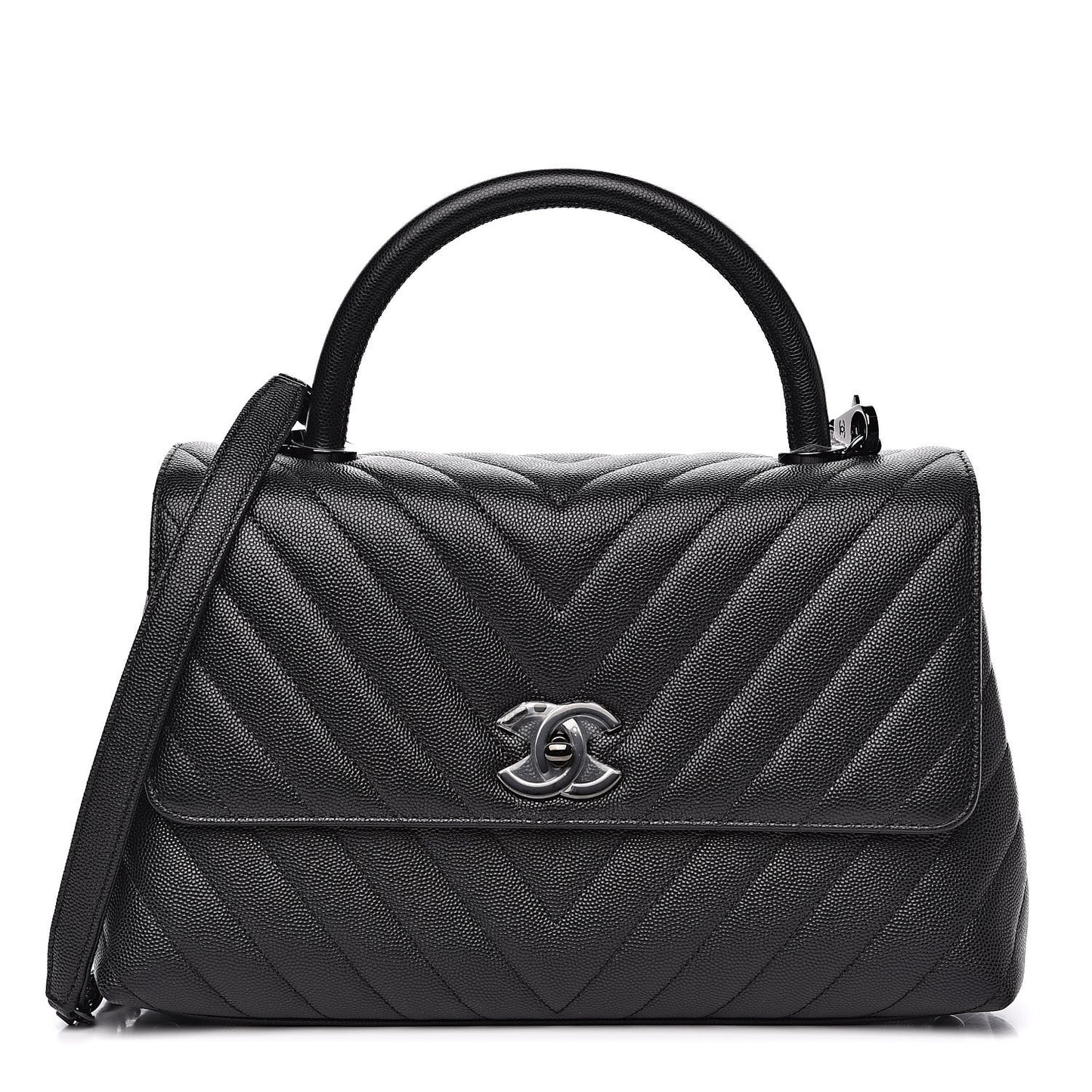 Caviar Chevron Quilted Small Coco Handle Flap Black