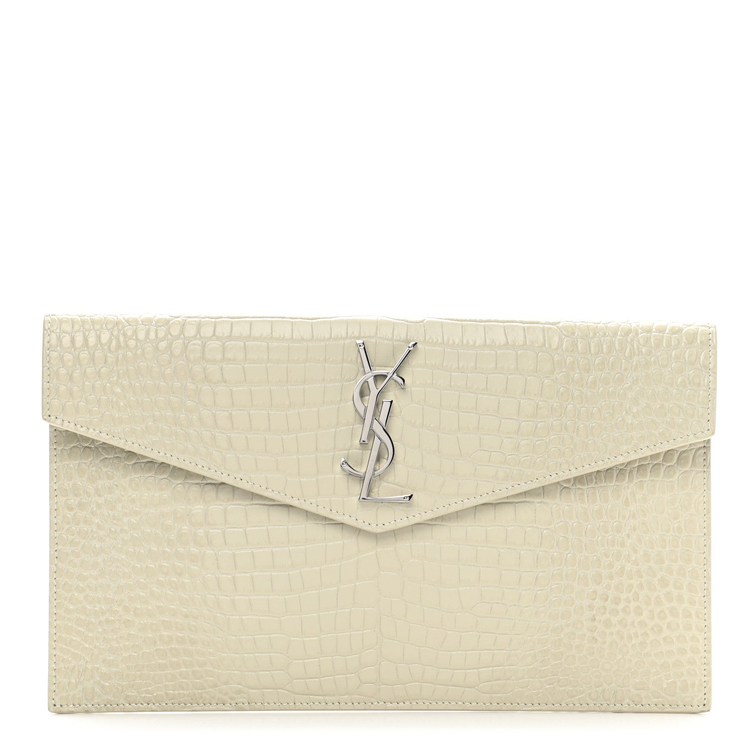 Saint Laurent Calfskin Crocodile Embossed Uptown Monogram Pouch Crema Soft 1 of 9
